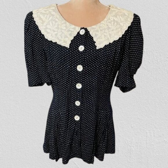 Vintage Pearl Beaded & Embroidered Sailor Collar Cottagecore Blouse 10 - Picture 1 of 8